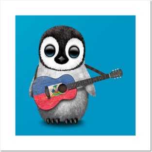 Baby Penguin Playing Haitian Flag Guitar Posters and Art